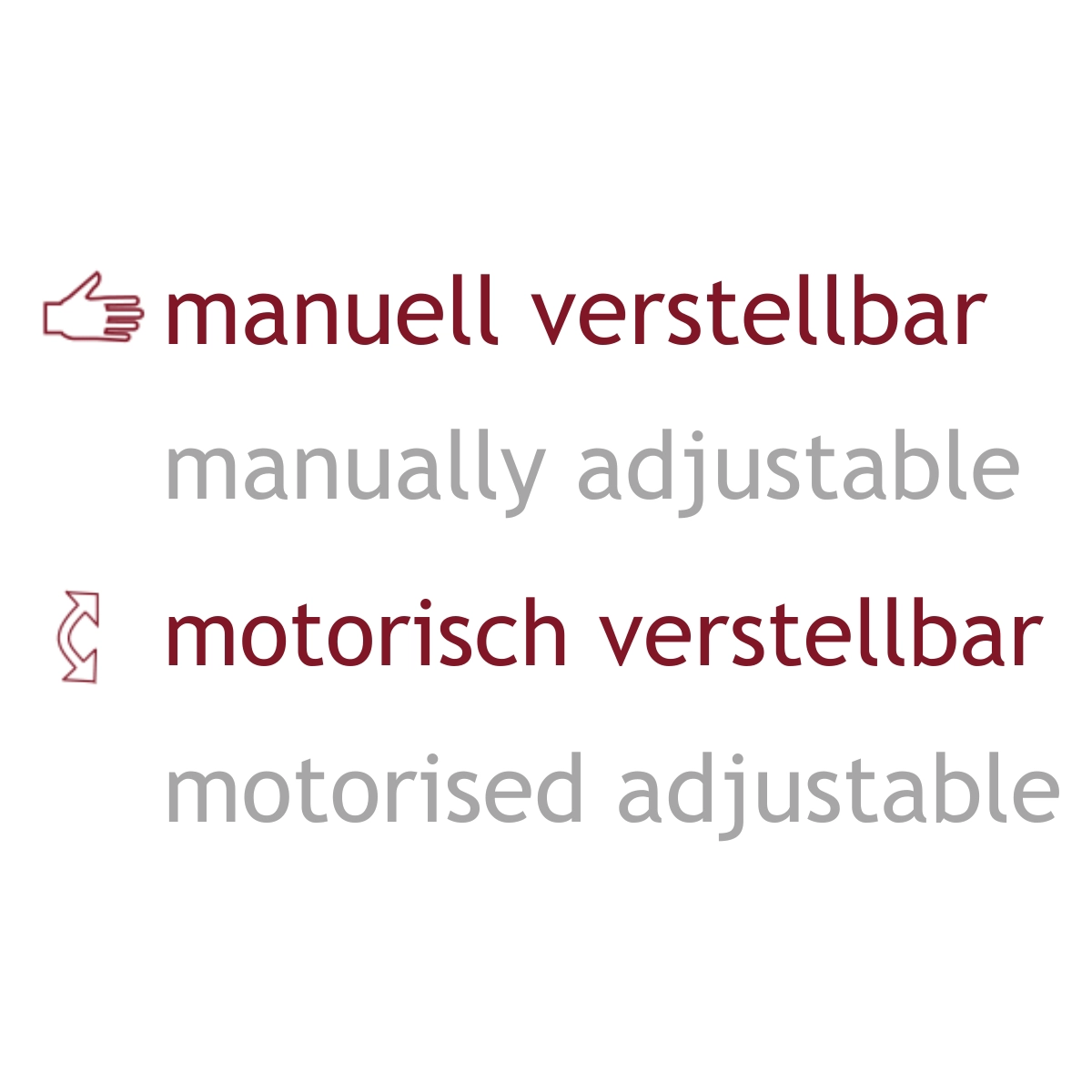 Textinformation: Motorisch und manuell verstellbar. Textinformation zweisprachig: Motorisch und manuell verstellbar. Motorised and manually adjustable.