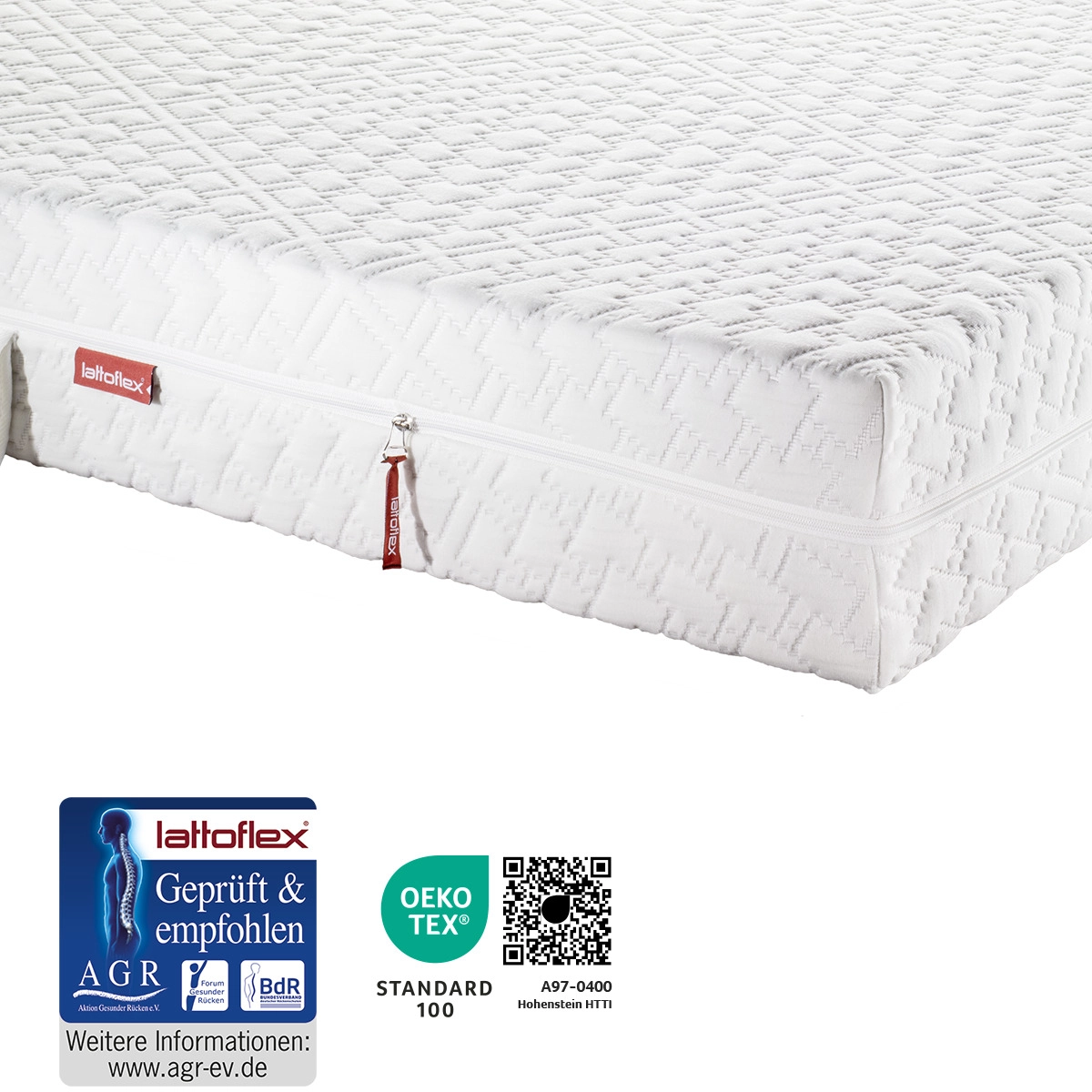 Matratzenecke der 16 cm hohen Matratze mit dem Bezug E. Mit AGR ev Guetesiegel und Oekotex Guetesiegel.