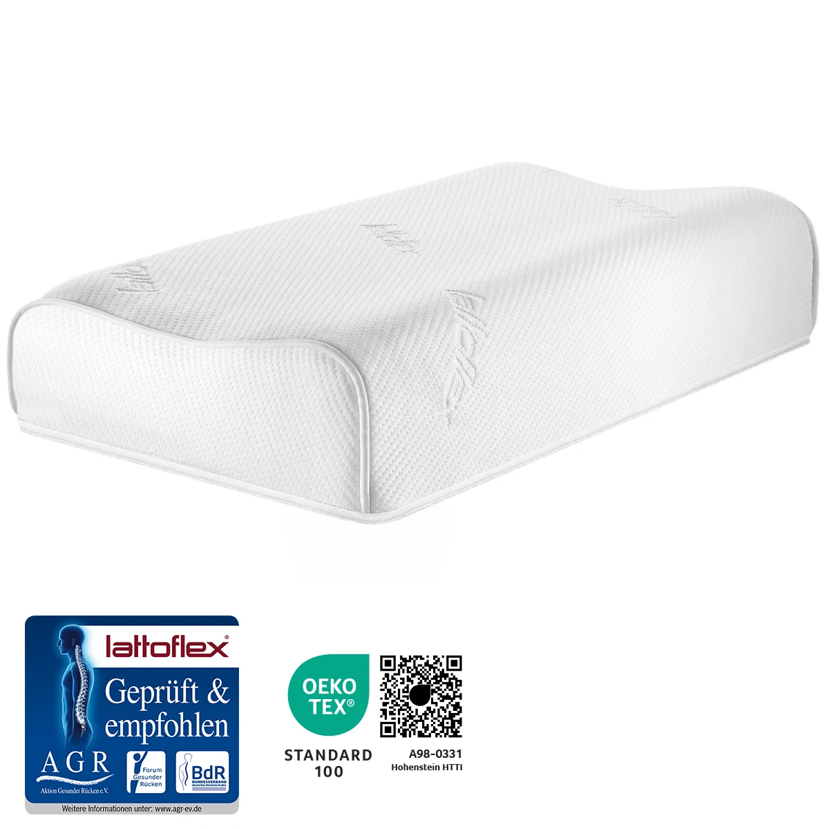 Das Lattoflex Kissen Lattokiss Pro 12 mit AGR ev Gütesiegel und Ökotex Gütesiegel.
