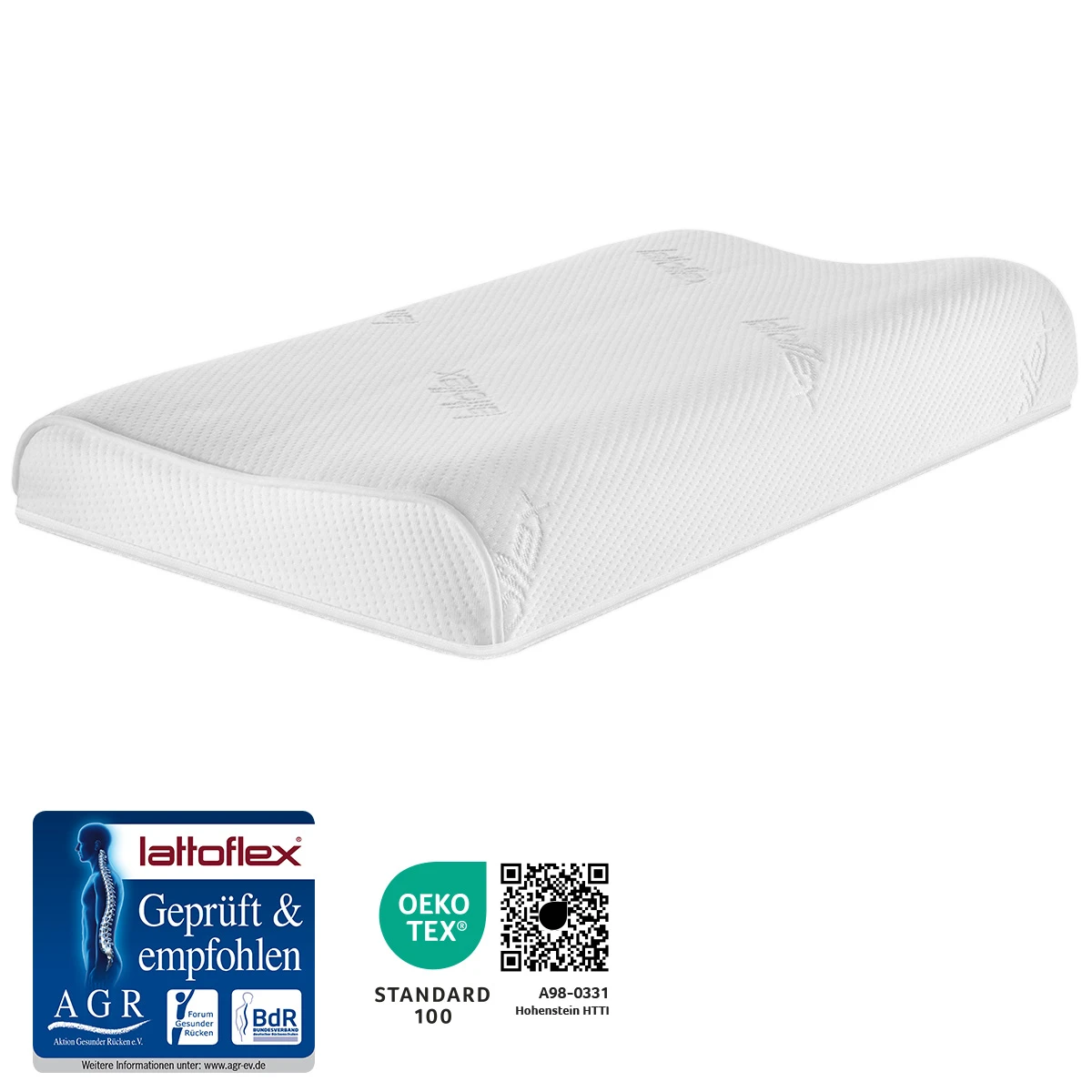 Das Lattoflex Kissen Lattokiss Pro 8 mit AGR ev Gütesiegel und Ökotex Gütesiegel.
