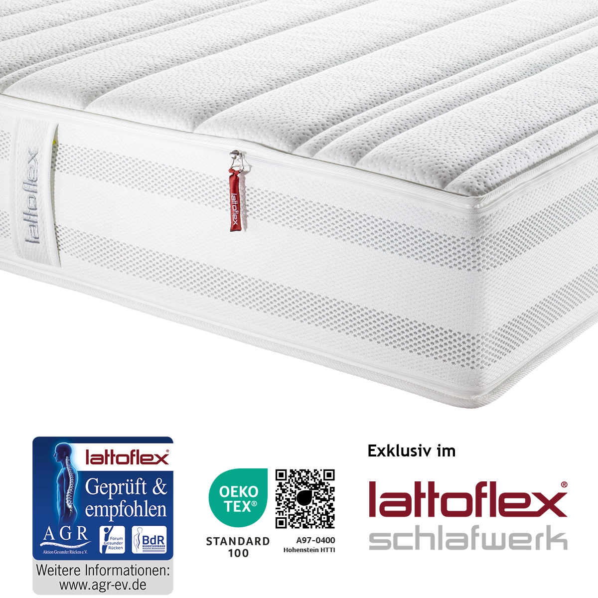 Matratzenecke der 19 cm hohen Matratze mit dem Bezug MV exklusiv im Lattoflex Schlafwerk erhältlich. Mit AGR ev Guetesiegel und Oekotex Guetesiegel.