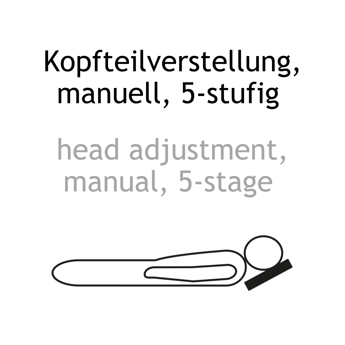 Textinformation: Manuelle 5-stufige Kopfteil-Verstellung. Textinformation zweisprachig: Manuelle 5-stufige Kopfteil-Verstellung. manual 5-stage head adjustment.